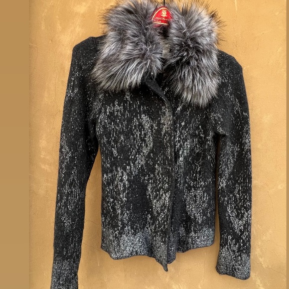 Chicos Gray Wool Faux Fur Collared Cardigan Sweater - Picture 2 of 9